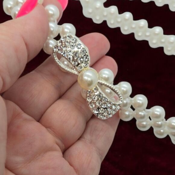 Rhinestone Bow Knot Ivory Pearl Wide Elastic Belt Statement Cute On-trend Nice - Picture 2 of 7